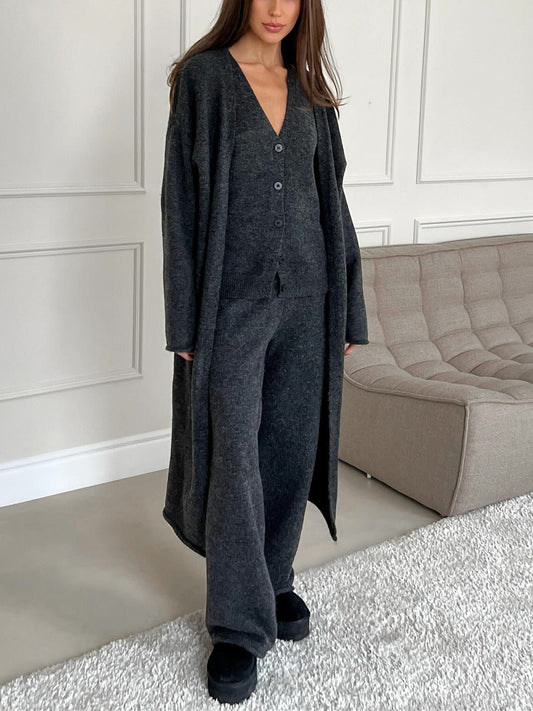 Women's three-piece knit set with long cardigan, sleeveless top and wide-leg trousers