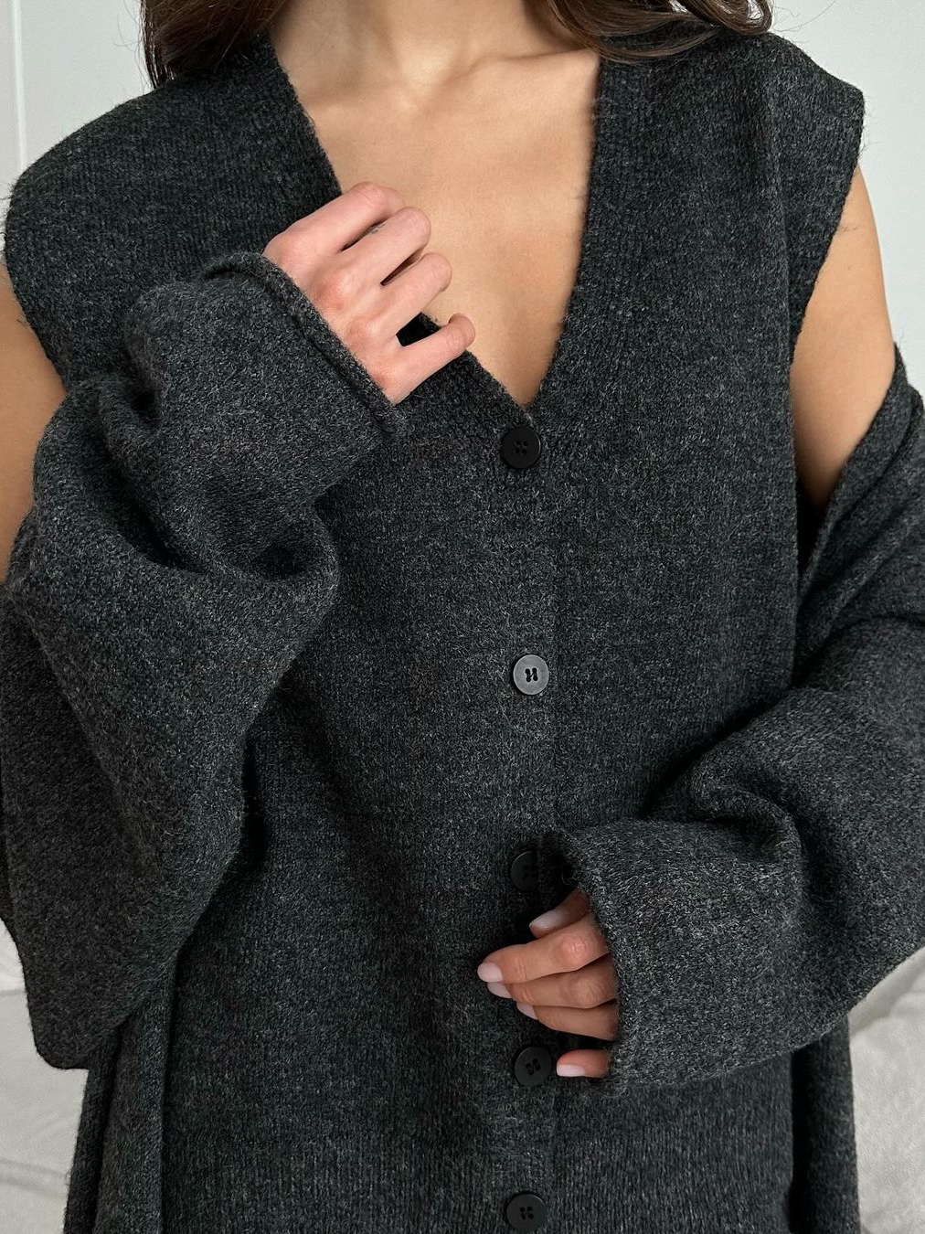 Women's three-piece knit set with long cardigan, sleeveless top and wide-leg trousers