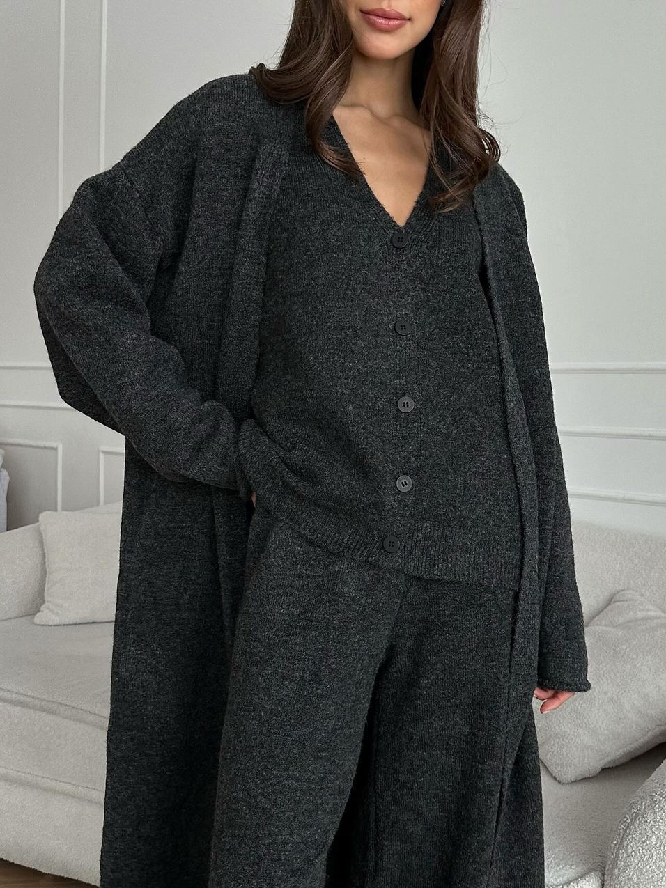 Women's three-piece knit set with long cardigan, sleeveless top and wide-leg trousers