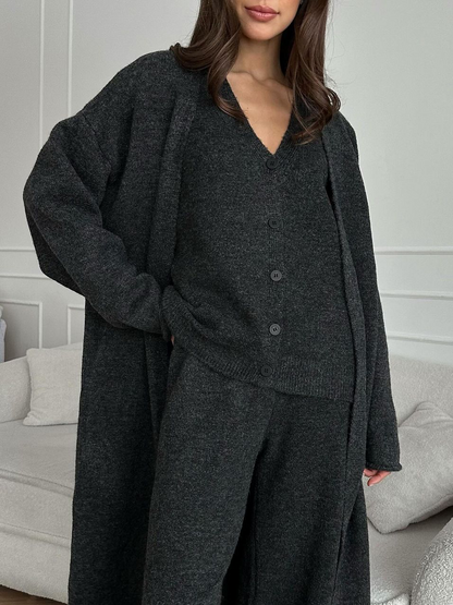 Women's three-piece knit set with long cardigan, sleeveless top and wide-leg trousers
