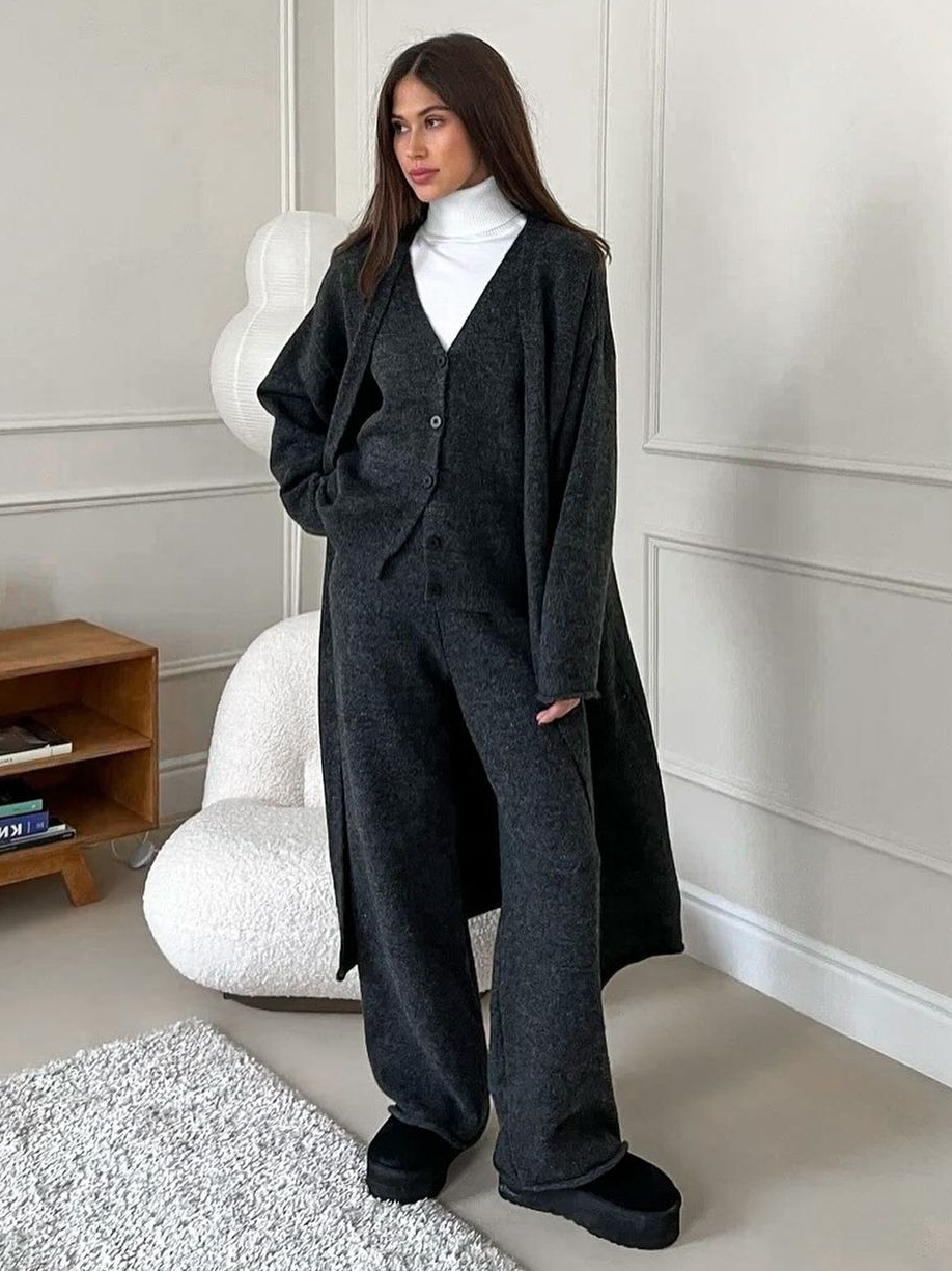 Women's three-piece knit set with long cardigan, sleeveless top and wide-leg trousers