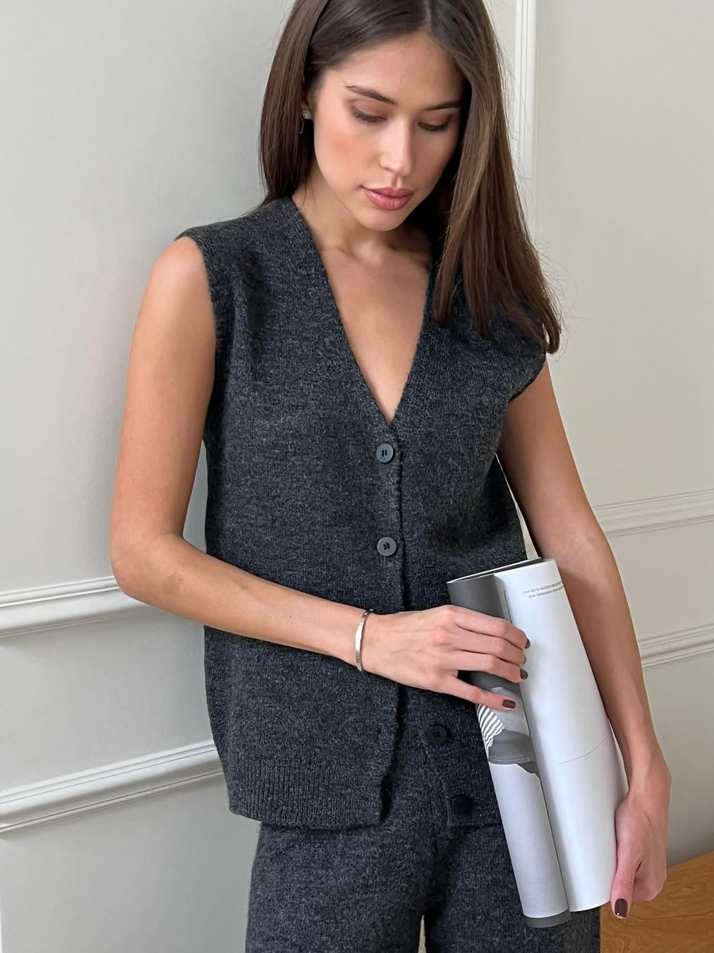 Women's three-piece knit set with long cardigan, sleeveless top and wide-leg trousers