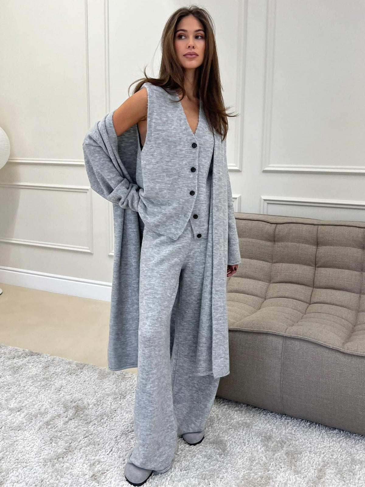 Women's three-piece knit set with long cardigan, sleeveless top and wide-leg trousers