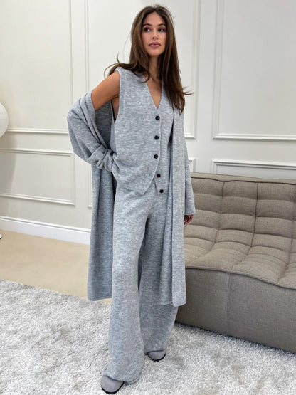 Women's three-piece knit set with long cardigan, sleeveless top and wide-leg trousers
