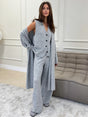 Women's three-piece knit set with long cardigan, sleeveless top and wide-leg trousers