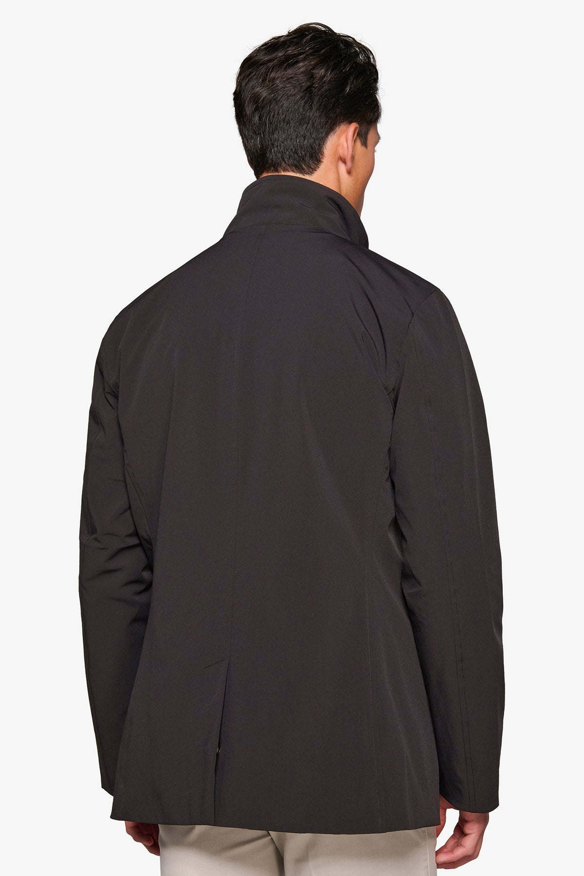 Men's black stand collar jacket with zip front and button details