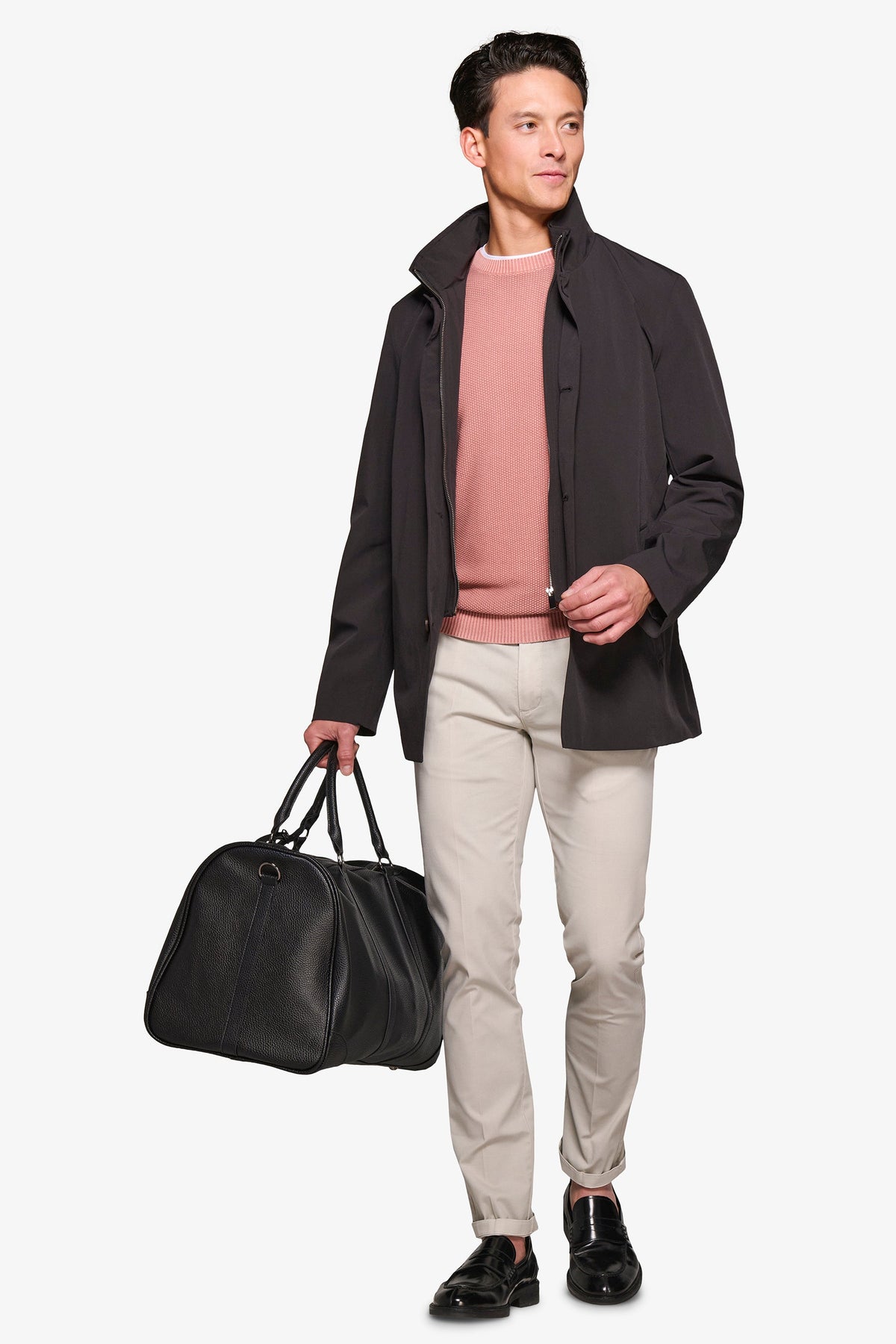 Men's black stand collar jacket with zip front and button details