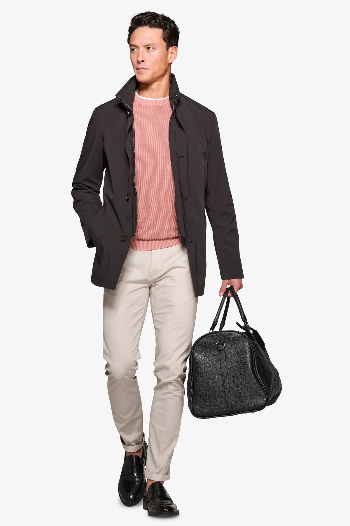 Men's black stand collar jacket with zip front and button details