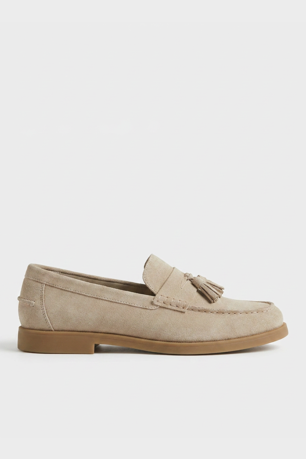 Men's khaki slip-on loafers with twin tassels