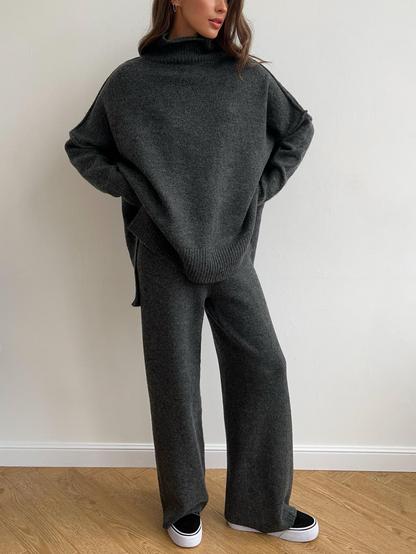 Women's long-sleeve turtleneck knit set with relaxed sweater and wide-leg trousers