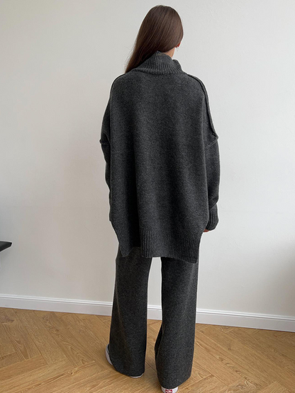 Women's long-sleeve turtleneck knit set with relaxed sweater and wide-leg trousers