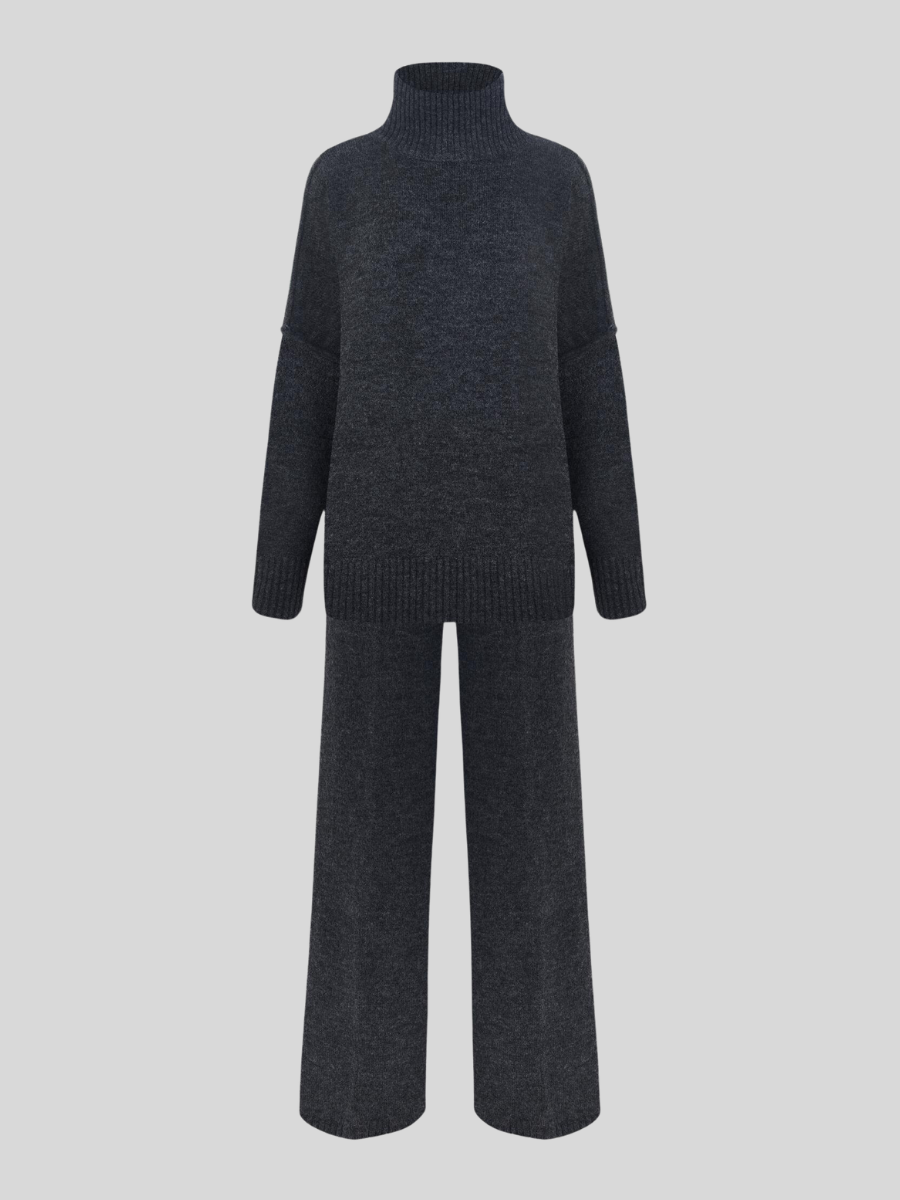 Women's long-sleeve turtleneck knit set with relaxed sweater and wide-leg trousers