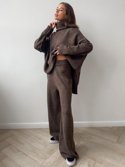 Women's long-sleeve turtleneck knit set with relaxed sweater and wide-leg trousers