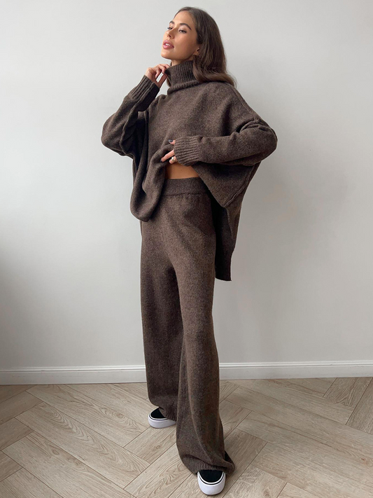 Women's long-sleeve turtleneck knit set with relaxed sweater and wide-leg trousers