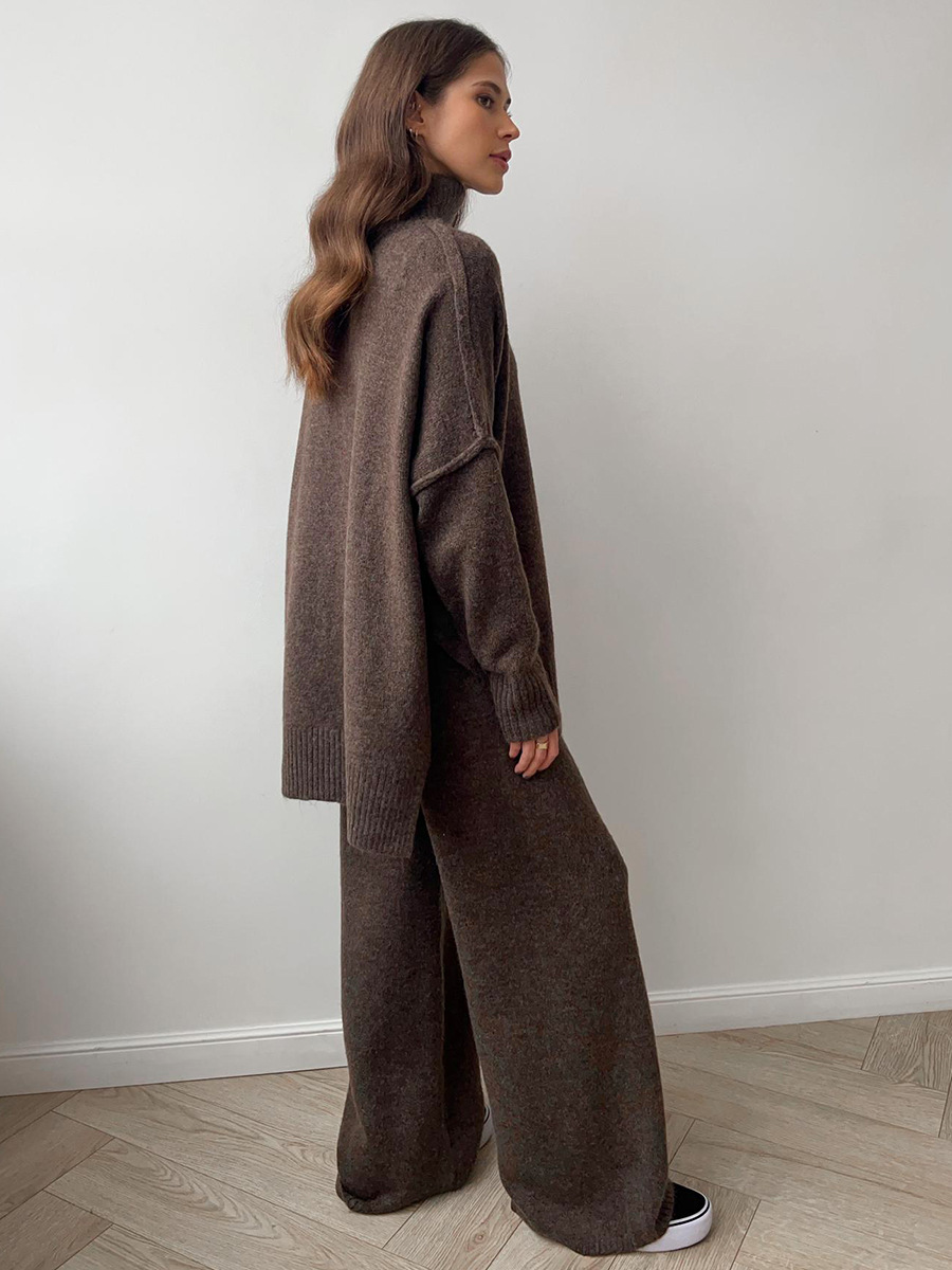 Women's long-sleeve turtleneck knit set with relaxed sweater and wide-leg trousers