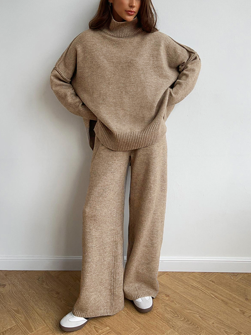 Women's long-sleeve turtleneck knit set with relaxed sweater and wide-leg trousers