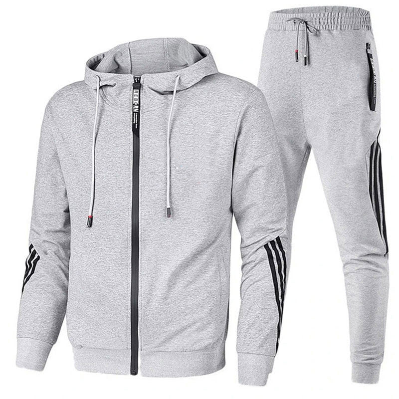 Men's hooded tracksuit set with zip jacket and striped jogger trousers