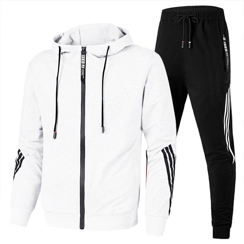 Men's hooded tracksuit set with zip jacket and striped jogger trousers