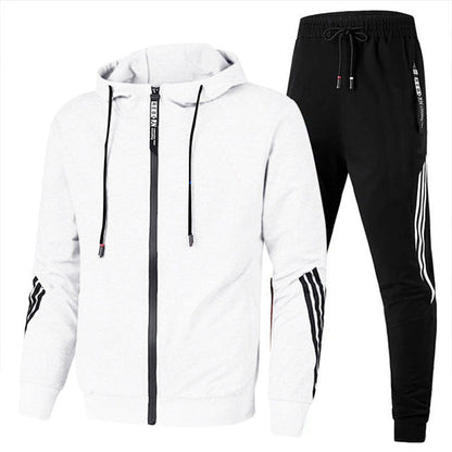 Men's hooded tracksuit set with zip jacket and striped jogger trousers
