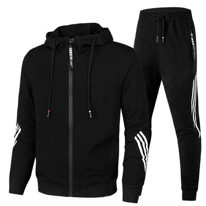 Men's hooded tracksuit set with zip jacket and striped jogger trousers