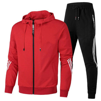 Men's hooded tracksuit set with zip jacket and striped jogger trousers