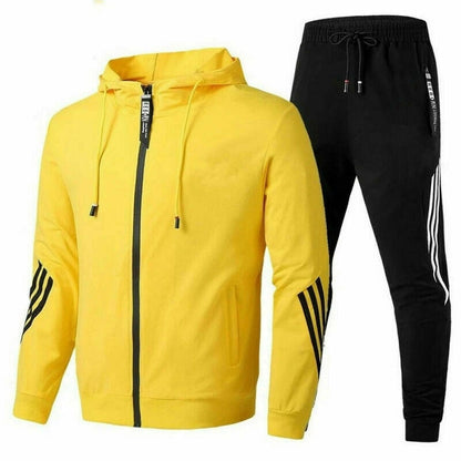 Men's hooded tracksuit set with zip jacket and striped jogger trousers