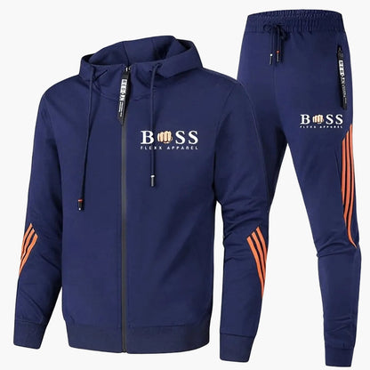 Men's hooded tracksuit set with zip jacket, tapered trousers and contrast stripes