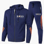 Men's hooded tracksuit set with zip jacket, tapered trousers and contrast stripes