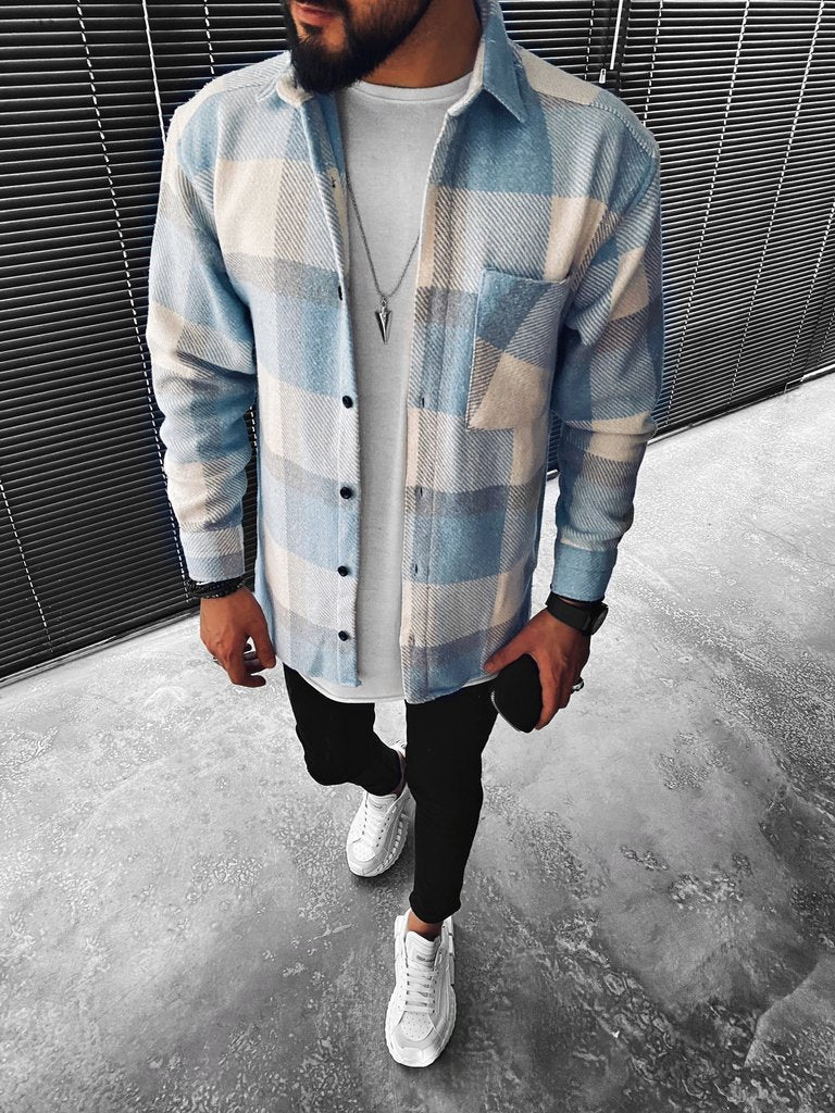Men's blue and cream plaid button-up overshirt with long sleeves and chest pocket