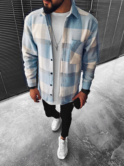 Men's blue and cream plaid button-up overshirt with long sleeves and chest pocket