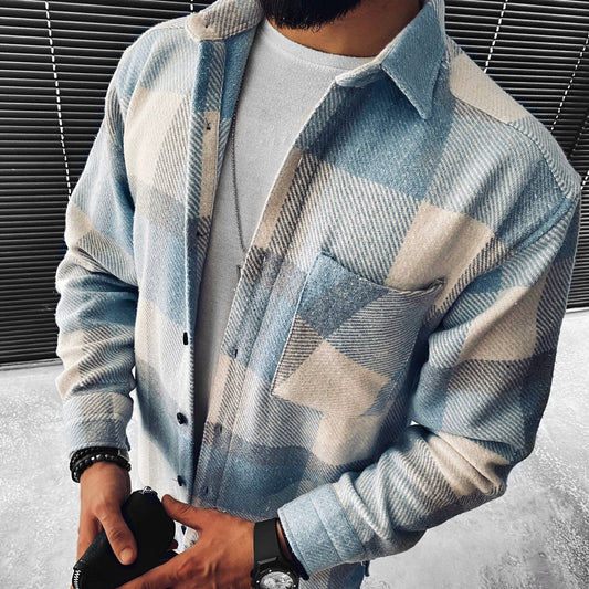 Men's blue and cream plaid button-up overshirt with long sleeves and chest pocket