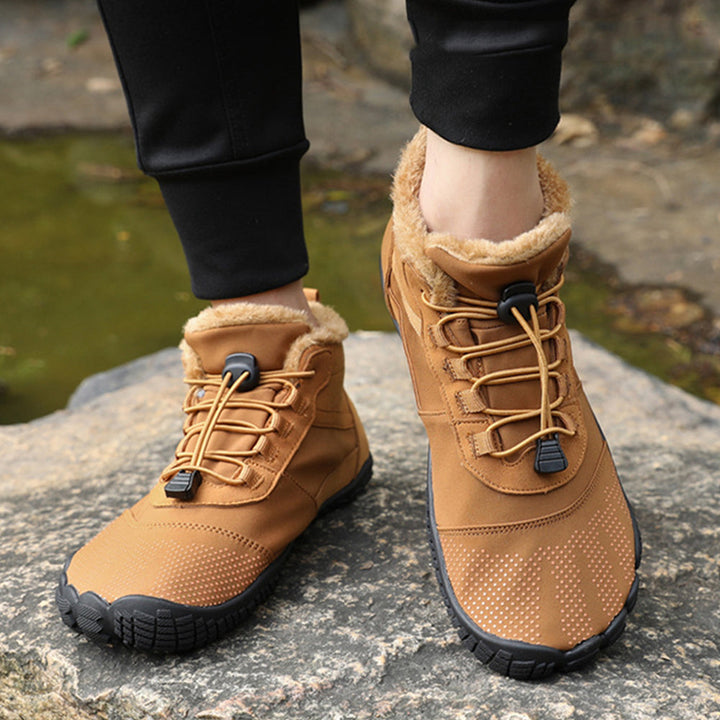 Winter barefoot ankle shoes with lace-up fronts, textured toes and faux fur collars