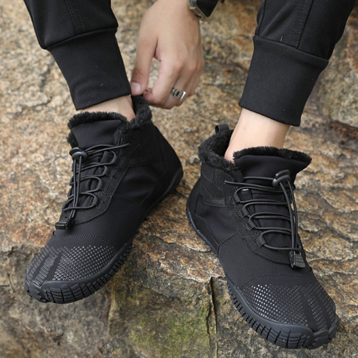 Winter barefoot ankle shoes with lace-up fronts, textured toes and faux fur collars