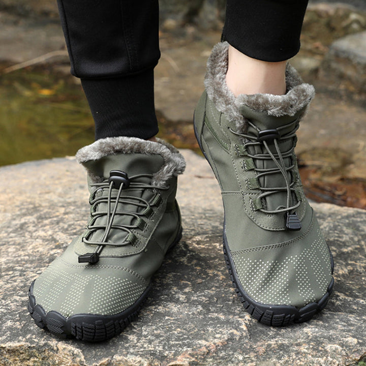 Winter barefoot ankle shoes with lace-up fronts, textured toes and faux fur collars