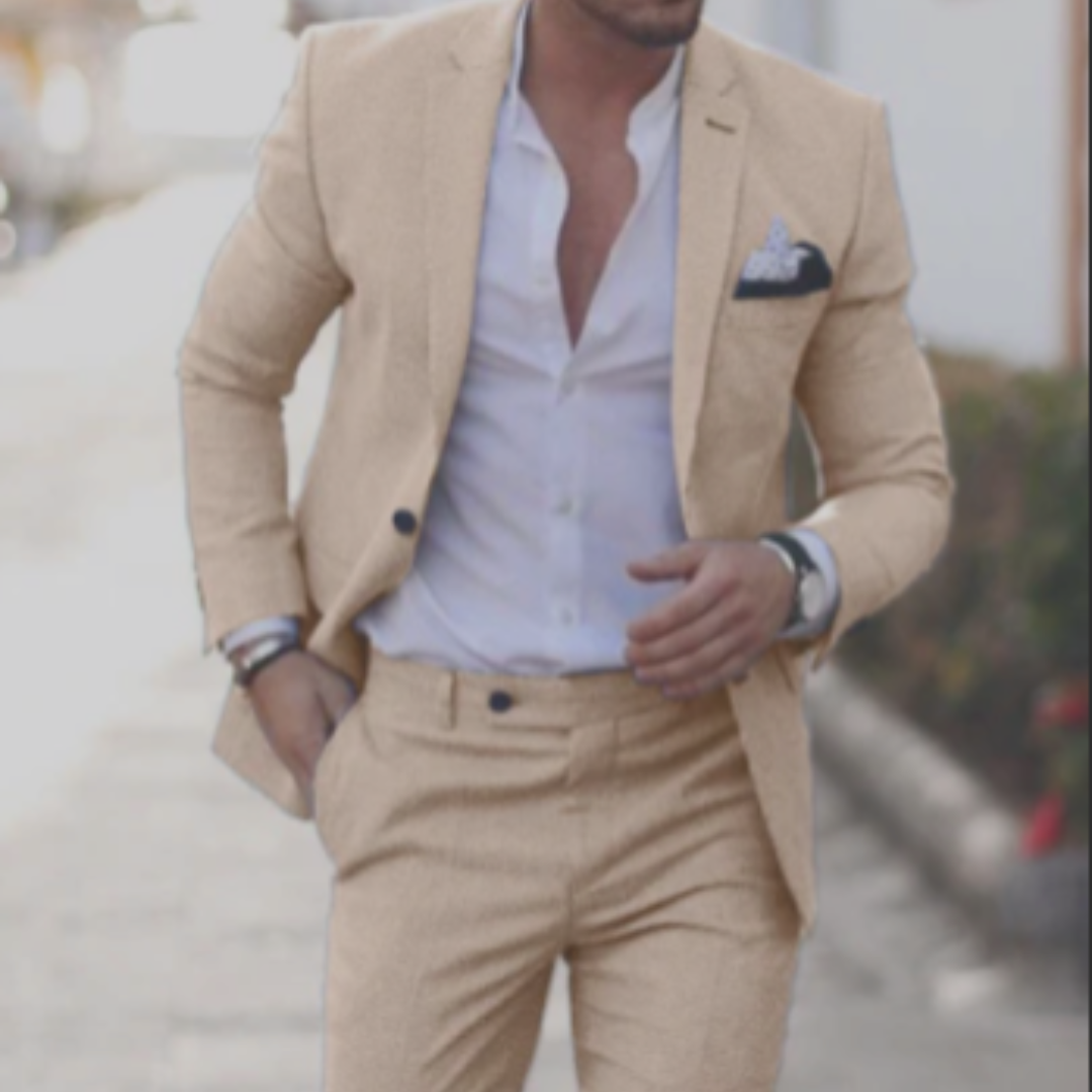 Men's textured two piece suit with notched lapel blazer and tapered trousers