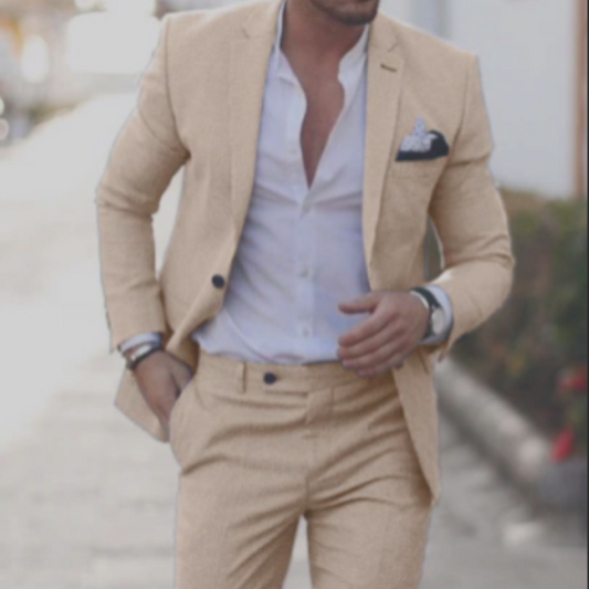 Men's textured two piece suit with notched lapel blazer and tapered trousers