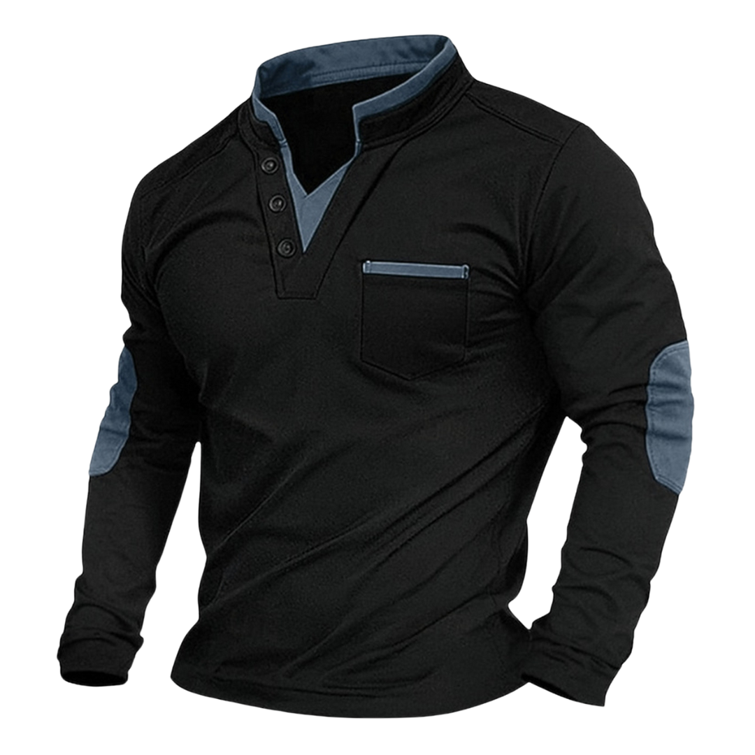 Men's V-neck pullover with chest pocket and contrast elbow panels