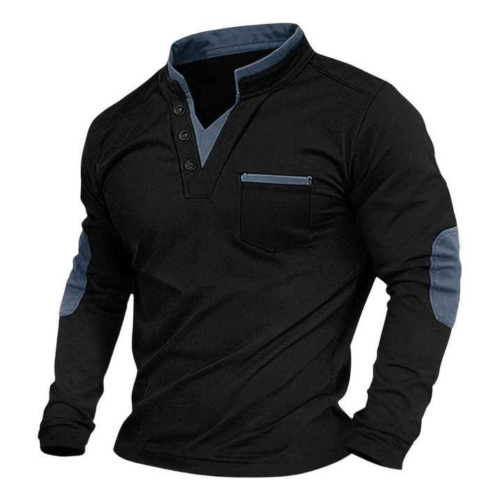 Men's V-neck pullover with chest pocket and contrast elbow panels