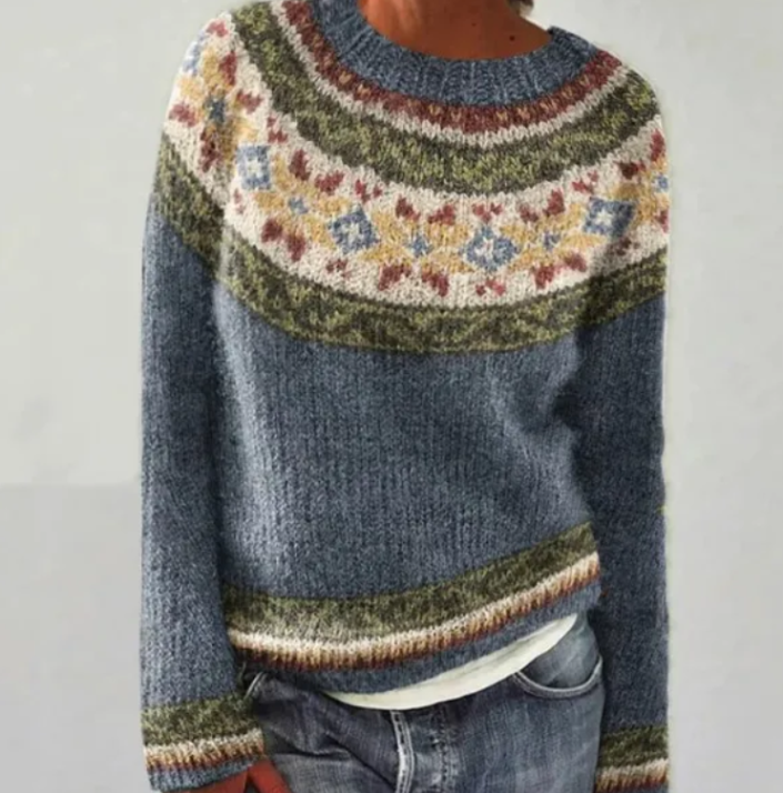 Women's grey Fair Isle pattern sweater with long sleeves