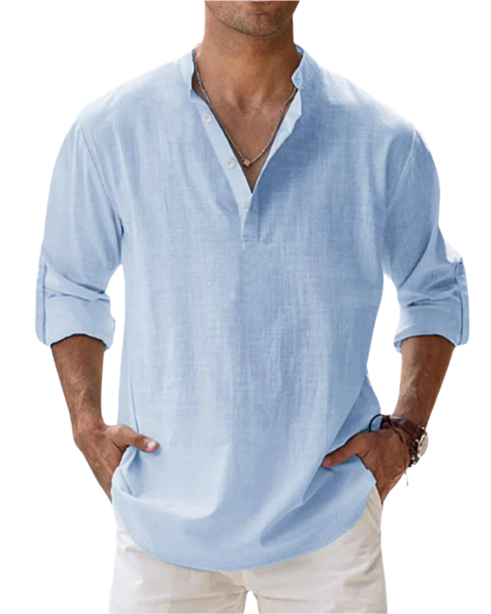 Men's solid long sleeve shirt with open collar and rolled sleeves