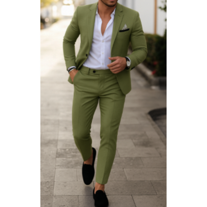 Men's textured two piece suit with notched lapel blazer and tapered trousers