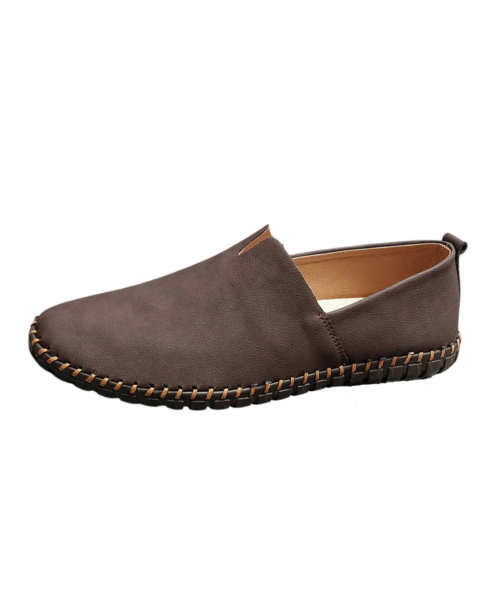 Slip-on loafers with rounded toes, flat soles and contrasting stitched trim