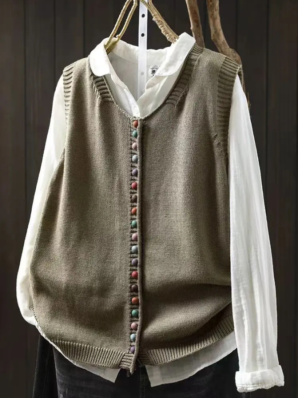 Women's sleeveless button front knit cardigan vest with V-neck and ribbed edges