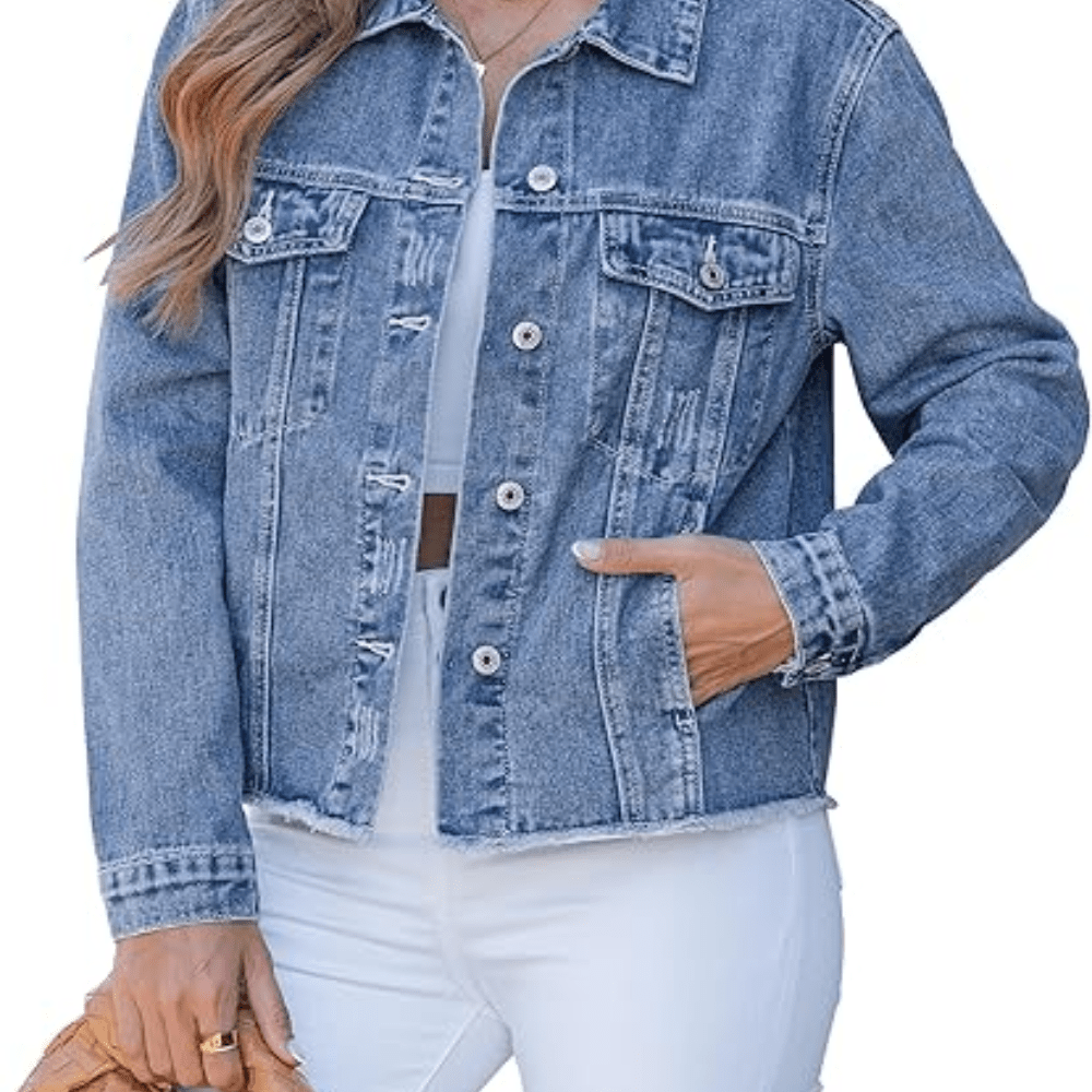 Women's distressed denim jacket with button front, chest pockets and long sleeves