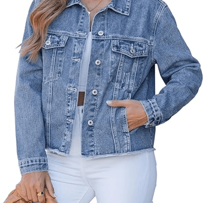 Women's distressed denim jacket with button front, chest pockets and long sleeves
