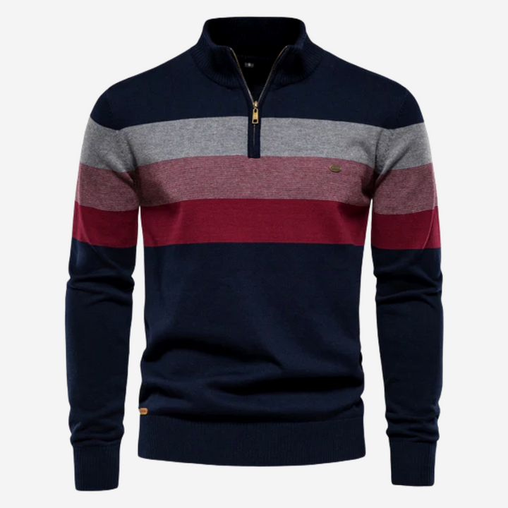 Men's striped quarter-zip mock neck sweater with long sleeves