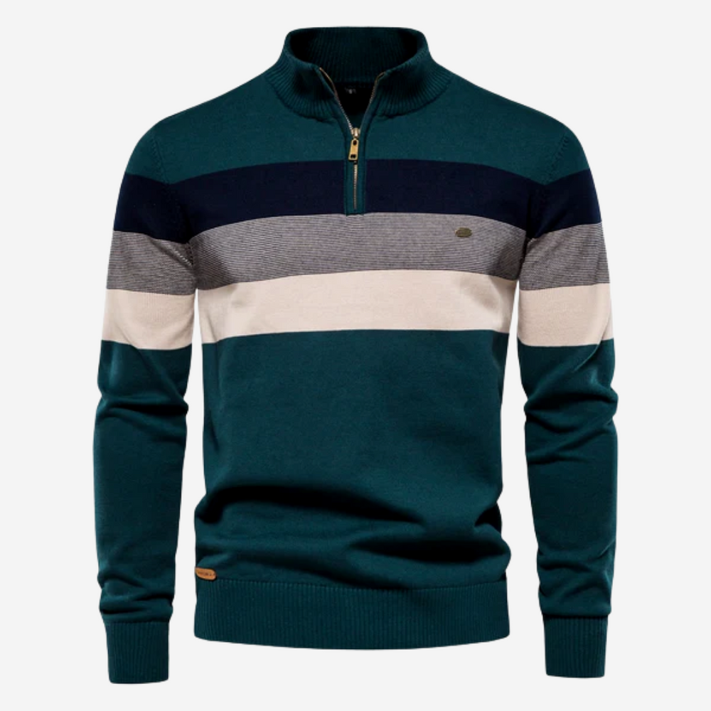 Men's striped quarter-zip mock neck sweater with long sleeves