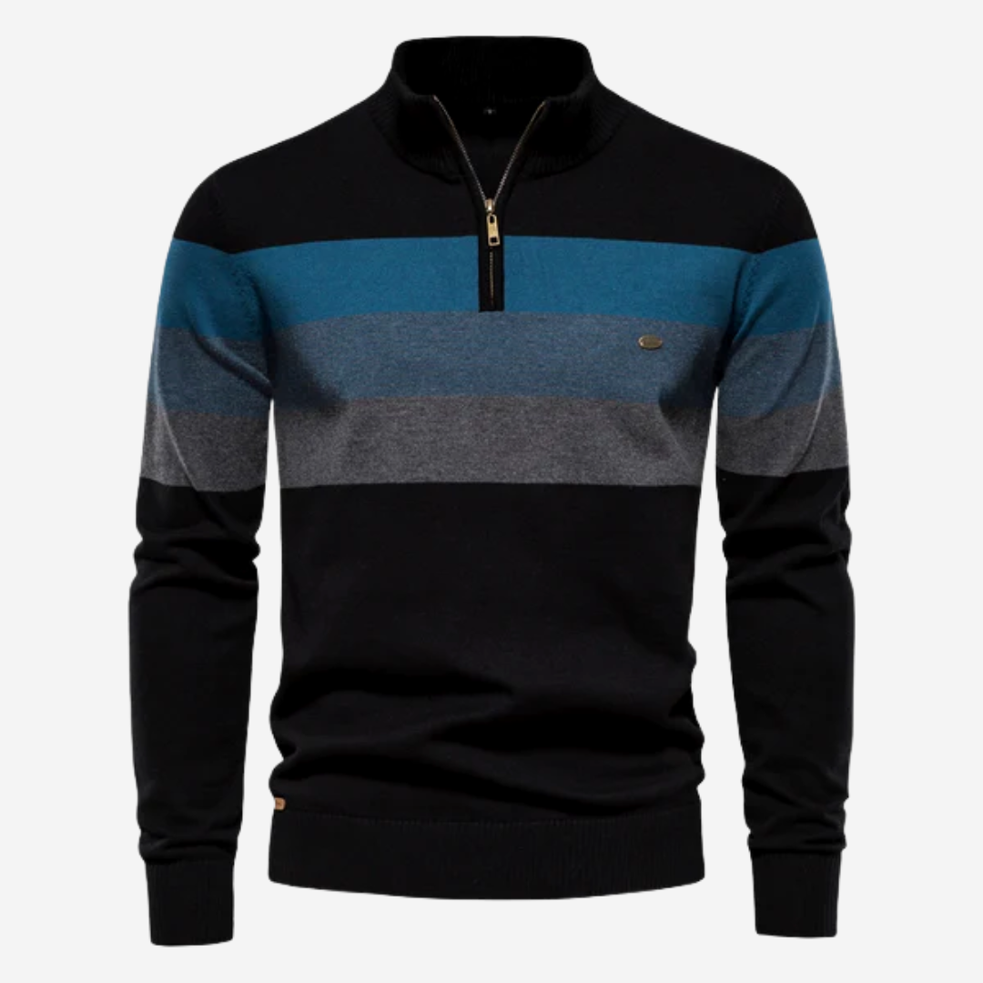 Men's striped quarter-zip mock neck sweater with long sleeves