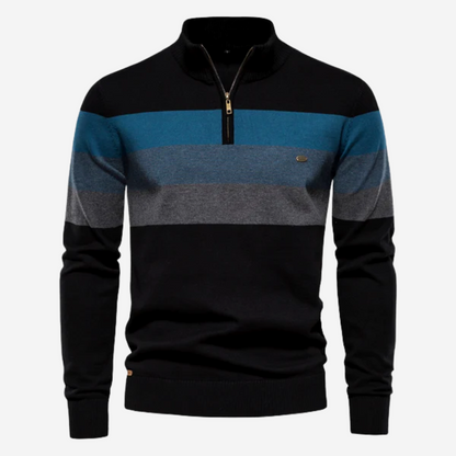 Men's striped quarter-zip mock neck sweater with long sleeves