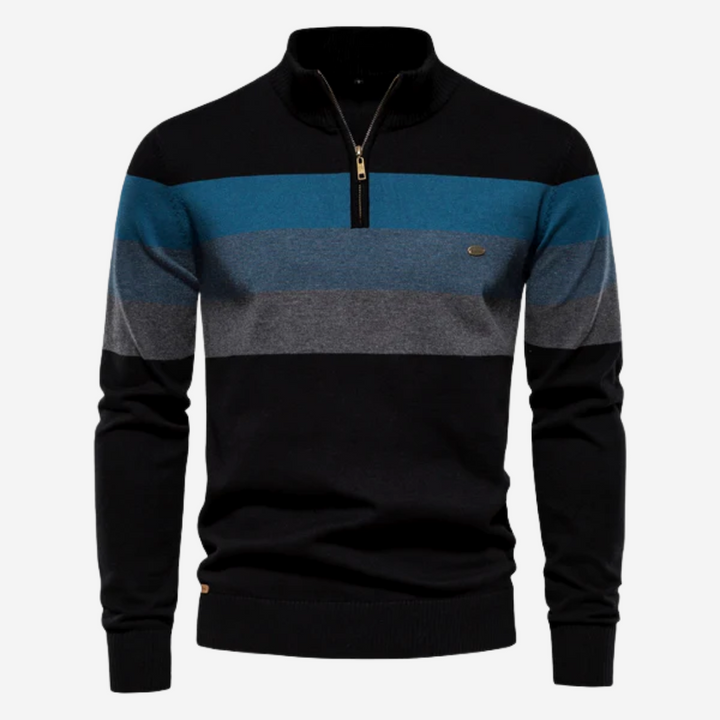 Men's striped quarter-zip mock neck sweater with long sleeves